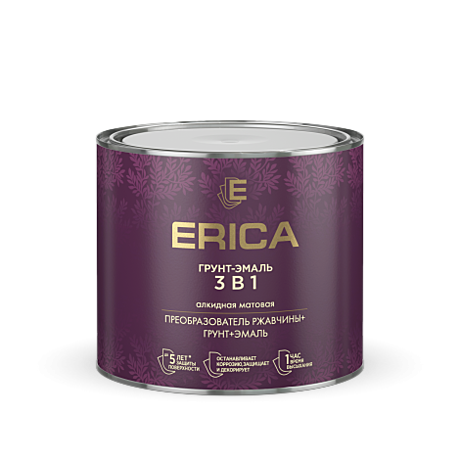 КРАСНАЯ 1,8 кг грунт-эмаль 3В1 по ржавчине алкидная матовая ERICA (6)
