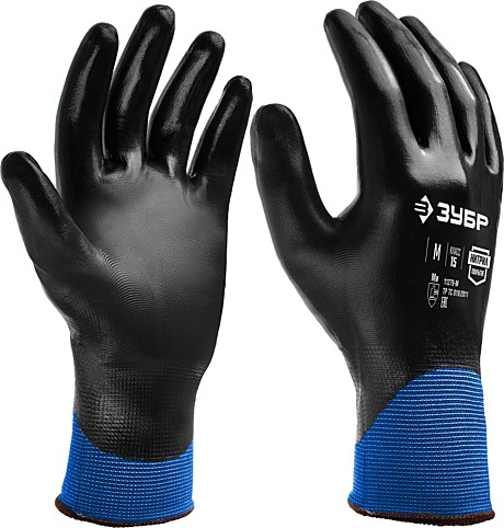 Маслобензостойкие перчатки ЗУБР МЕХАНИК+, тонкоенитриловое покрытие, полный облив ладони, размер L