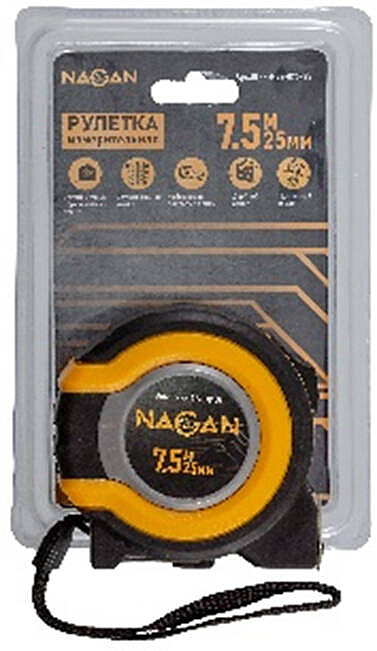 Рулетка измерит. NAGAN 5 м 19 мм пластик АБС, двухкомп. корпус, магнит. зацеп,  НГ-РИ-32-050-19